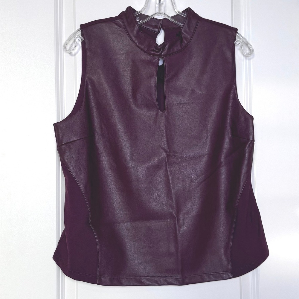 Marc New York Andrew Marc Faux Leather Front Knit Back Top Zinfandel Burgundy L
